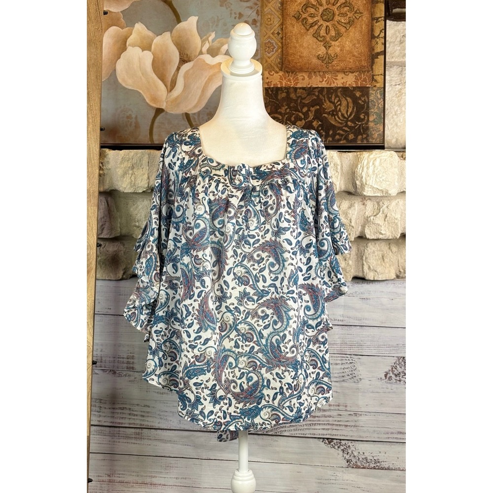 Terra & Sky Womens 4X Paisley Square Neck Ruffled Flutter Sleeve Blouse